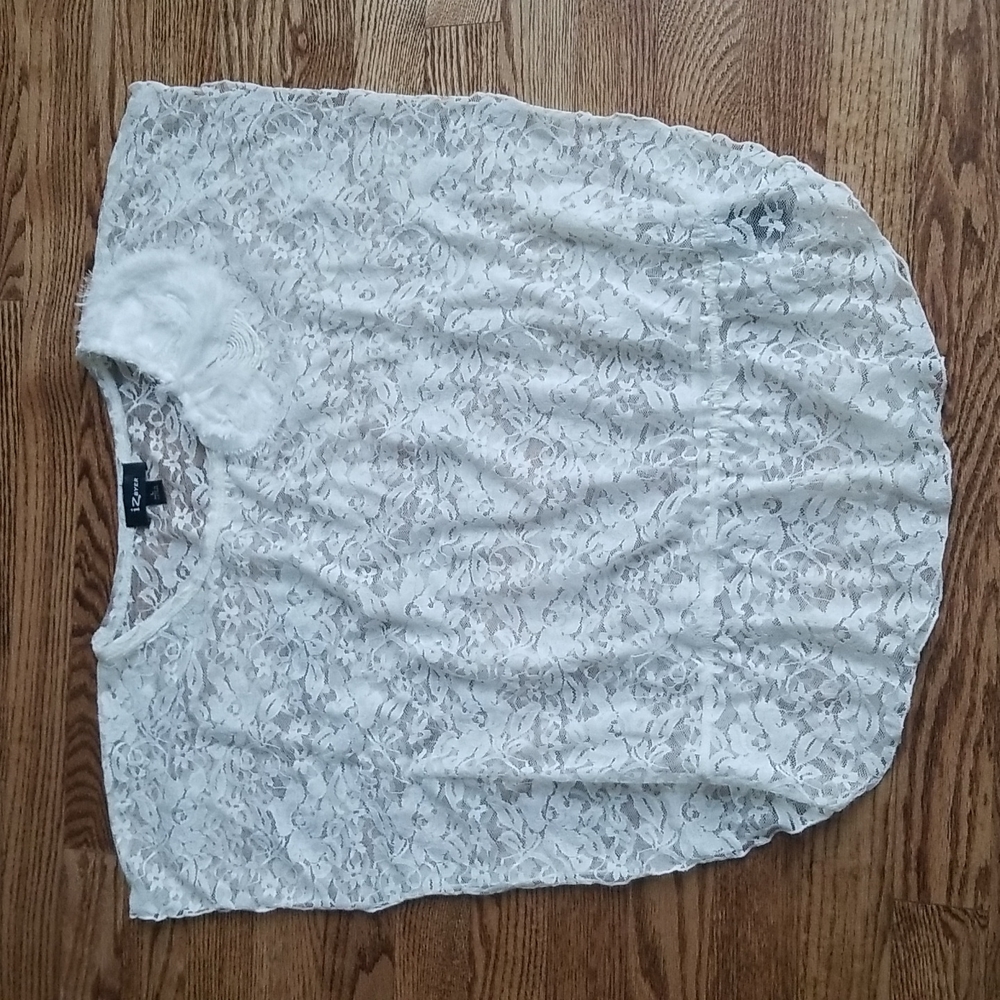 (L) Iz Byer Off White Lace Loose Fit Flowy Sheer Top Nylon Blend Elastic Waist
